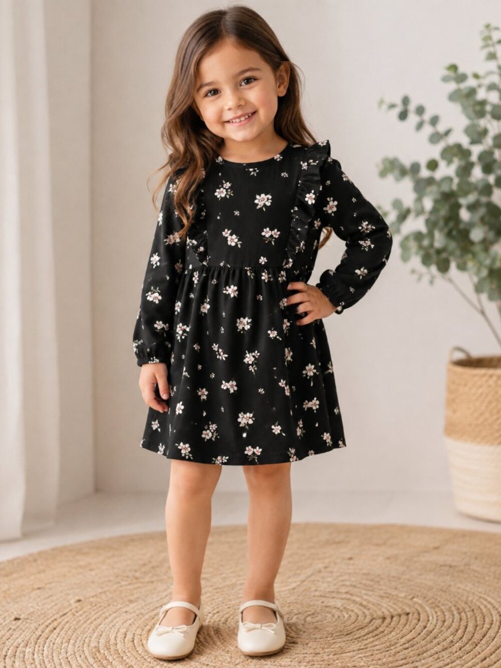 Okie Dokie Black Floral Ruffle Long-Sleeve Dress
